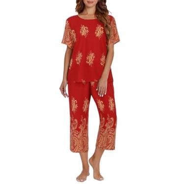 Imagem de Ekouaer Conjunto de pijama feminino capri de duas peças, calça capri com bolso, conjunto de pijama Mumu, Vermelho floral, GG