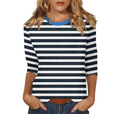 Imagem de Camisetas femininas listradas colorblock manga 3/4 comprimento gola redonda blusas casuais moda verão 2024 moda túnica elegante, X3 - Preto, P