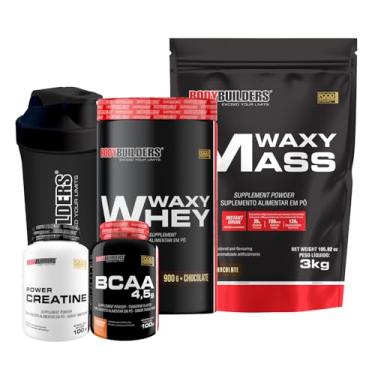 Imagem de Kit Hipercalórico Waxy Mass Chocolate 3kg + Waxy Whey Chocolate 900g + Power Creatina 100g + BCAA 100g + Coqueteleira - Bodybuilders