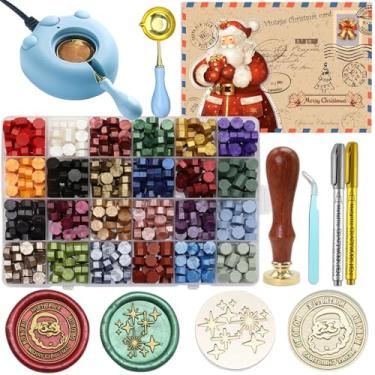 Imagem de Andotopee kit de selo de cera de natal, 2 peças kit de selo de cera de papai noel e estrela com contas de selo de cera de 24 cores 600 peças, aquecedor elétrico de selo de cera, colher, cane