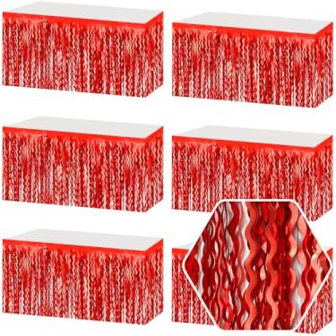 Imagem de Pacote com 6 saias de mesa com franja ondulada vermelha de 73 x 272 cm, faixa metálica para decoração de guirlanda de tinsel para boias de desfile, dia das mães, Páscoa, casamento, decoração de festa