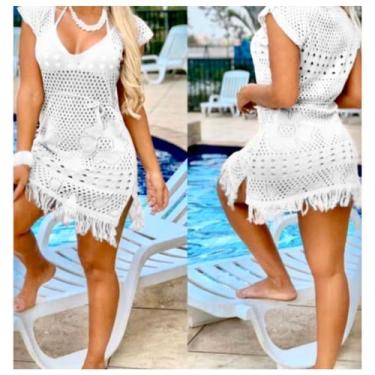 Imagem de Saida De Praia  Luxo Vestido Curto Tricot Babado De Franja Com Fenda L