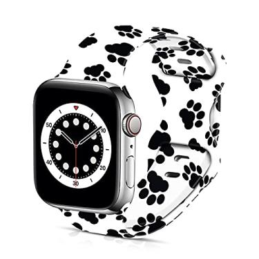 Imagem de BXXTPK Pulseira de silicone macio com estampa de pata de filhote preto em fundo branco compatível com Apple Watch séries 6/5/4/3/2/1/SE de 42 mm e 44 mm