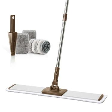 Imagem de Esfregão de microfibra CQT, sistema profissional de limpeza de piso de 61 cm, esfregão comercial para madeira de madeira, laminado, limpeza de piso de azulejos, esfregão úmido rotativo 360 graus com cabo de aço inoxidável, 4 almofadas de esfregão planas reutilizáveis