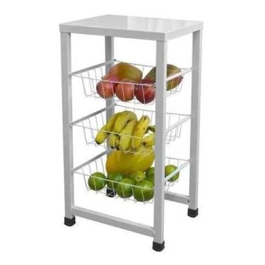 Imagem de Fruteira Cozinha Aço Chão Cestos Triplos Retangular Branco - Utilaco