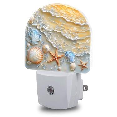 Imagem de FOISIIAEA Luz Noturna, Conchas E Estrelas Do Mar Em Luzes De Praia, Conecte Na Parede, Sensor Anoitecer Ao Amanhecer, Noturna Redonda Para Mulheres Homens, Lâmpada Led 0,5 W Com Eficiência Energétic