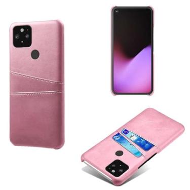 Imagem de Capas Compatível com Google Pixel 5,Caso de couro PU-Tampa de telefone a prova de choque com 2 slots de cartão,Proteção anti-impressão digital e anti-gota-Pink