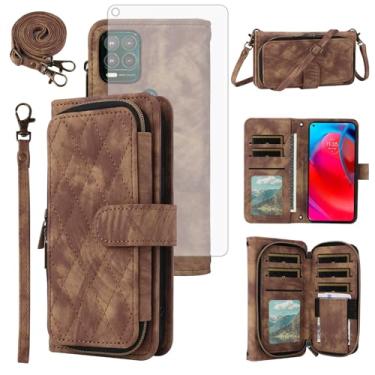 Imagem de Capa de celular para Motorola Moto G Stylus 5G 2021 capa de celular carteira com protetor de tela de vidro temperado alça transversal alça flip suporte zíper bolsa porta-cartão slot GStylus G5