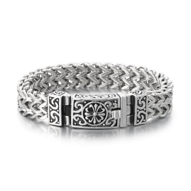 Imagem de Azubpi Pulseira masculina gótica viking de aço inoxidável 316 - esculpida em flor e cruz, corrente grande texturizada Franco