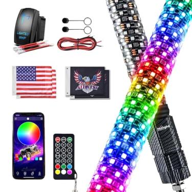 Imagem de Nilight Chicote De Led Fat Light 2 Peças 3 Pés Rgb Antenas Iluminadas Com Controle Remoto E Aplicativo Faça Você Mesmo Padrões Perseguição Luzes Freio Seta Reversa Para Quadriciclo Utv Polaris Rzr C