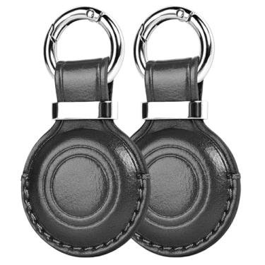 Imagem de MOLOVA Pacote com 2 chaveiros de couro para AirTag, design compacto com capa para AirTag, capa segura para Apple para AirTags, anel de aço inoxidável, chaves de carro, acessórios de corrente (preto)