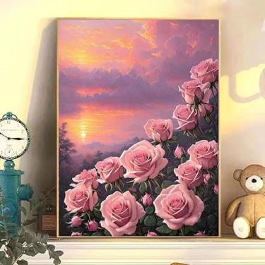 Imagem de IFYON Pintura por número para adultos, tinta de roseira rosa por número em tela sem moldura, pintura a óleo faça você mesmo para decoração de parede de casa (40 cm x 50 cm - sem moldura)