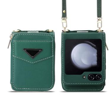 Imagem de Capa de telefone carteira crossbody para Samsung Flip5 Flip4 5G Slot para cartão com alça de couro, verde, para Galaxy Z Flip3 5G