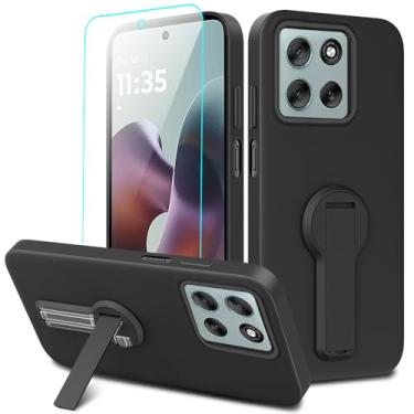 Imagem de Capa de celular compatível com Motorola Moto G56 com protetor de tela de vidro temperado, rotação de 360° com suporte oculto, suporte, suporte, silicone, TPU, capa protetora para Motorola Moto G56