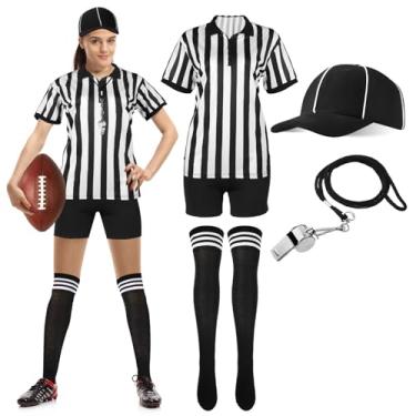 Imagem de SATINIOR Camiseta feminina árbitro oficial preta e branca listrada gola virada shorts para ioga chapéu Umpire bandeira amarela apito aço inoxidável com cordão meias longas listradas (pequena)