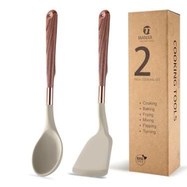 Imagem de MANJIA Ferramenta de cozinha, espátula sólida e colheres, ferramenta de cozinha antiaderente resistente ao calor, conjunto de colheres de cozinha de silicone resistente para misturar, servir, mexer