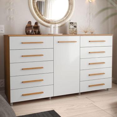 Imagem de Cômoda Multiuso 10 Gavetas 1 Porta Ferrari Com Rodízios Madeirado/off White