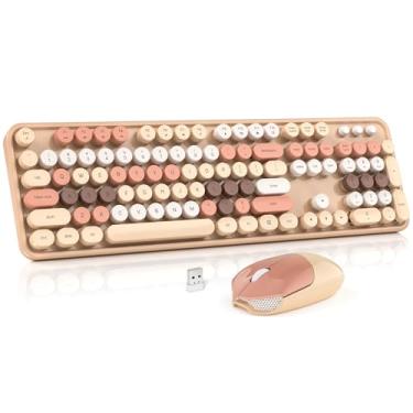 Imagem de Conjunto de teclado e mouse sem fio, computador colorido MOWUX tamanho completo 2,4 G Plug and Play, conjunto de teclado e mouse sem fio para Windows, computador, desktop, PC, notebook (chá de leite