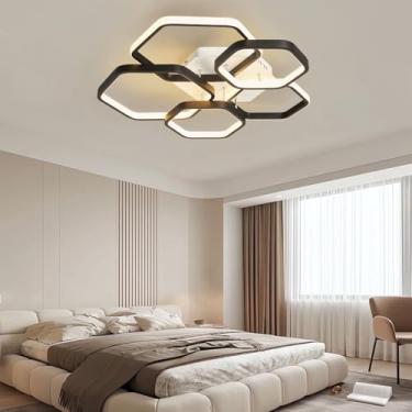 Imagem de Luminária de teto LED moderna, dimerizável, com controle remoto, 52W/80W, dourada e preta, formato hexagonal, para quarto, sala de jantar e escritório (preta, 5 lâmpadas).