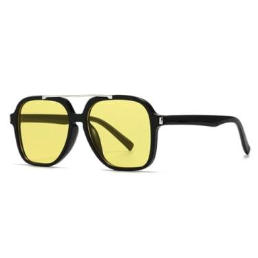 Imagem de HCHES Óculos de Sol Feminino Retro Double Beam Luxo Casual Masculino UV400 (preto e amarelo)