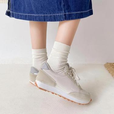 Imagem de 1 par de meias femininas de cano médio, versáteis, adequadas para usar sozinhas, listras verticais, modernas no Instagram., Branco, M