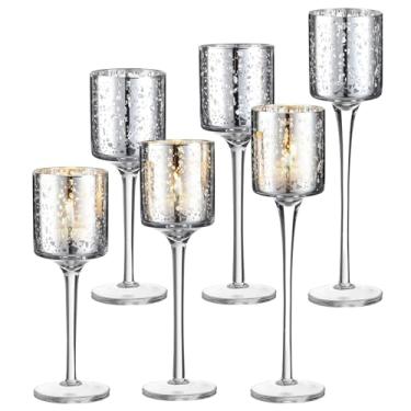 Imagem de Maxcheck 6 peças de castiçais de vidro flutuantes com luz de chá, 20 cm, 23 cm, 26 cm de altura, para mesa de centro de mesa, decoração de mesa de festa de casamento (Glitter)