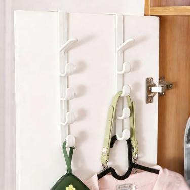 Imagem de Pacote com 2 ganchos sobre a porta, organizador de plástico branco com 5 ganchos para bolsas, casacos, toalhas e chapéus, sem furadeira, serve para portas de até 4,5 cm – banheiro, armário, cabide de