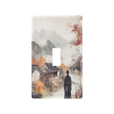 Imagem de Kigai Placa de interruptor de luz alternada, placas de parede de pintura de paisagem de tinta chinesa, placas de cobertura de tomada elétrica, tamanho padrão 11,4 cm x 7,1 cm
