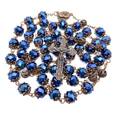 Imagem de Nazareth Store Rosário masculino azul profundo cristalizado, colar de oração feito à mão, medalha de solo sagrado e crucifixo cruzado
