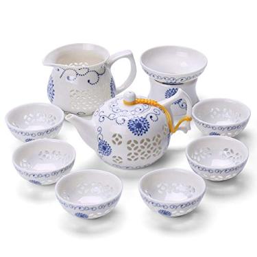 Imagem de Conjunto de chá de cerâmica Gong Fu, cerimônia tradicional chinesa com bule de chá infusor, Gong Dao Bei, filtro de chá e 6 xícaras de chá G-F-C-S3 (flor vira-do-sol)