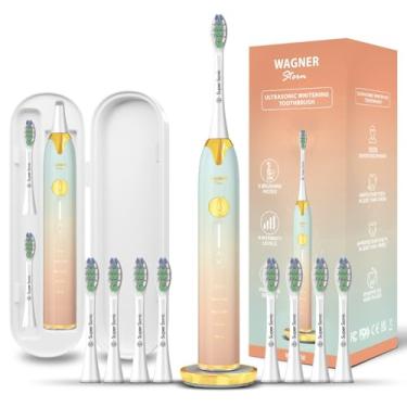 Imagem de Escova de dentes de clareamento ultrassônico Wagner & Stern com sensor de pressão. 5 modos de escovação e 4 níveis de intensidade com controle deslizante 3D, 8 cerdas Dupont, capa de viagem premium.