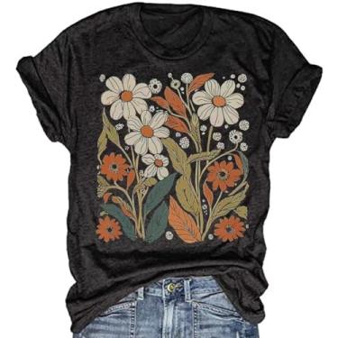Imagem de Camiseta feminina vintage floral casual boho estampa floral girassol flores silvestres camisetas para meninas, 2024-38-preto, P