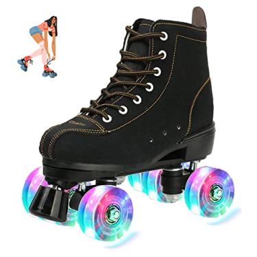 Imagem de jessie Patins femininos de cano alto de couro bovino ajustável brilhante iluminado quatro rodas patins adultos meninos meninas com uma bolsa de sapatos patins internos e externos (tamanho feminino 7 /