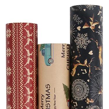 Imagem de Aimyoo Pacote de papel de embrulho de Natal Kraft, rolos de papel de embrulho de vintage vermelho preto com 3, flocos de neve de veados, design de caminhão de árvore de feliz natal, 43 x 3 m por rolo