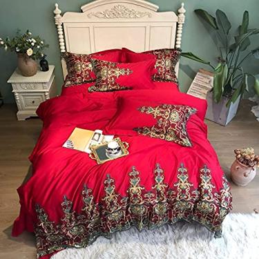 Imagem de Jogo de cama completo com estampa de renda 100% algodão egípcio qualidade superior de hotel boutique inclui 1 capa de edredom X2 fronhas e 1 lençol com elástico azul 220 * 240 cm (vermelho 200 x 230