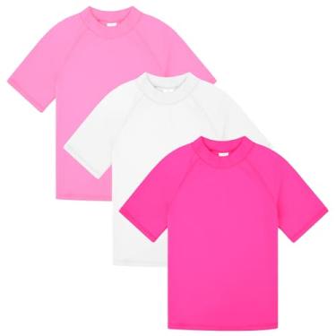 Imagem de BIG ELEPHANT Pacote com 3 camisetas infantis de manga curta Rash Guard com proteção FPS 50+, roupa de banho de secagem rápida, camiseta juvenil rashguard, Rosa vermelho/branco/rosa, XX-Small