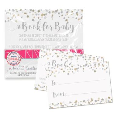 Imagem de Amanda Creation Cartões "Bring A Book" com tema "Bring A Book" Gold & Silver Twinkle Little Star para chás de bebê de gênero neutro, 20 inserções dupla face de 6,3 cm x 10 cm, convidam convidados a