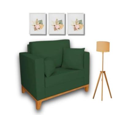 Imagem de Poltrona Beny Individual em Linho, Base em Madeira, Com 2 Almofadas (Verde Musgo)