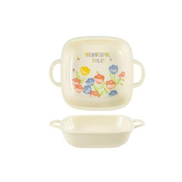 Imagem de Conjunto de pratos criativos em estilo japonês, utensílios de mesa de cerâmica para uso doméstico, tigela de sopa de arroz - prato quadrado de orelha dupla de 23 cm - esmalte amarelo