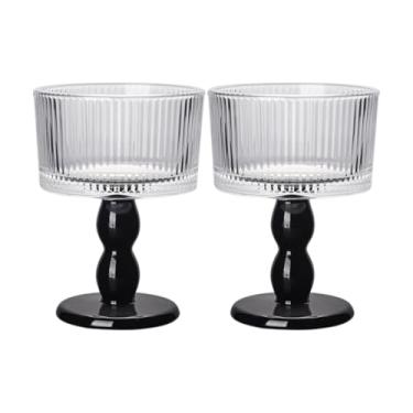 Imagem de Boxonly Taça de vidro listrada preta - Vidro alto retrô feito à mão de 200 ml com design texturizado, haste preta, perfeita para casamentos, champanhe e jantares elegantes