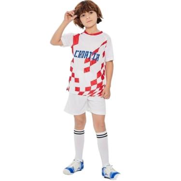 Imagem de Bolognifi Camisa de futebol infantil, camiseta da Copa Europeia/Américas, meninos e meninas, conjunto de shorts esportivos de futebol com meia manga(Croatia,15-16A)