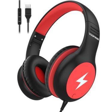 Imagem de Voopwink Fones de ouvido infantis com fio com microfone, fones de ouvido USB C para crianças, meninas, meninos com cabo/luzes LED/limite de volume de 85/94dB, fones de ouvido portáteis para escola