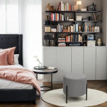 Imagem de Puff Orgânico Decorativo Redondo Para Sala Pés De Ferro Solares Linho Cinza claro