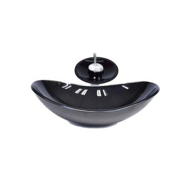 Imagem de Cuba De Vidro Oval 47Cm Preta + Valvula + Torneira Cascata