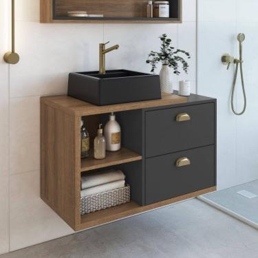 Imagem de Gabinete de Banheiro Suspenso 80cm com 2 Gavetas e Cuba Helena Mel/Grafite