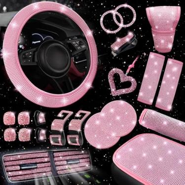 Imagem de NBTEPEM Conjunto de 30 peças de acessórios de carro rosa brilhante para mulheres, conjunto de capa de volante rosa, capa de console brilhante, almofada de cinto de segurança, almofada de botão de