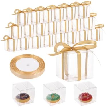 Imagem de 50 caixas de lembrancinhas transparentes, pequenas caixas transparentes para festas, fita de presente incluída, caixas de plástico para cupcake, macaron, caixas de embalagem para casamento, festa