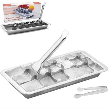 Imagem de Bandejas de cubos de gelo de aço inoxidável com pinças, alça de alavanca de liberação fácil, bandejas de cubo de gelo de metal duráveis para freezer, ideais para uísque, coquetéis e bebidas (pacote