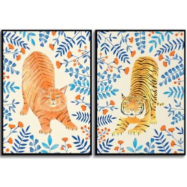 Imagem de Arte de parede de gato gengibre, arte de parede de tigre, impressão de arte floral, ilustração de selva, pôster de animais safari, arte de selva boho, impressões de berçário, decoração de quarto