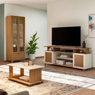Imagem de Sala de Estar Completa para TV Até 75 Polegadas com Cristaleira e Mesa de Centro Mila Cinamomo/Off White - Pnr Móveis
